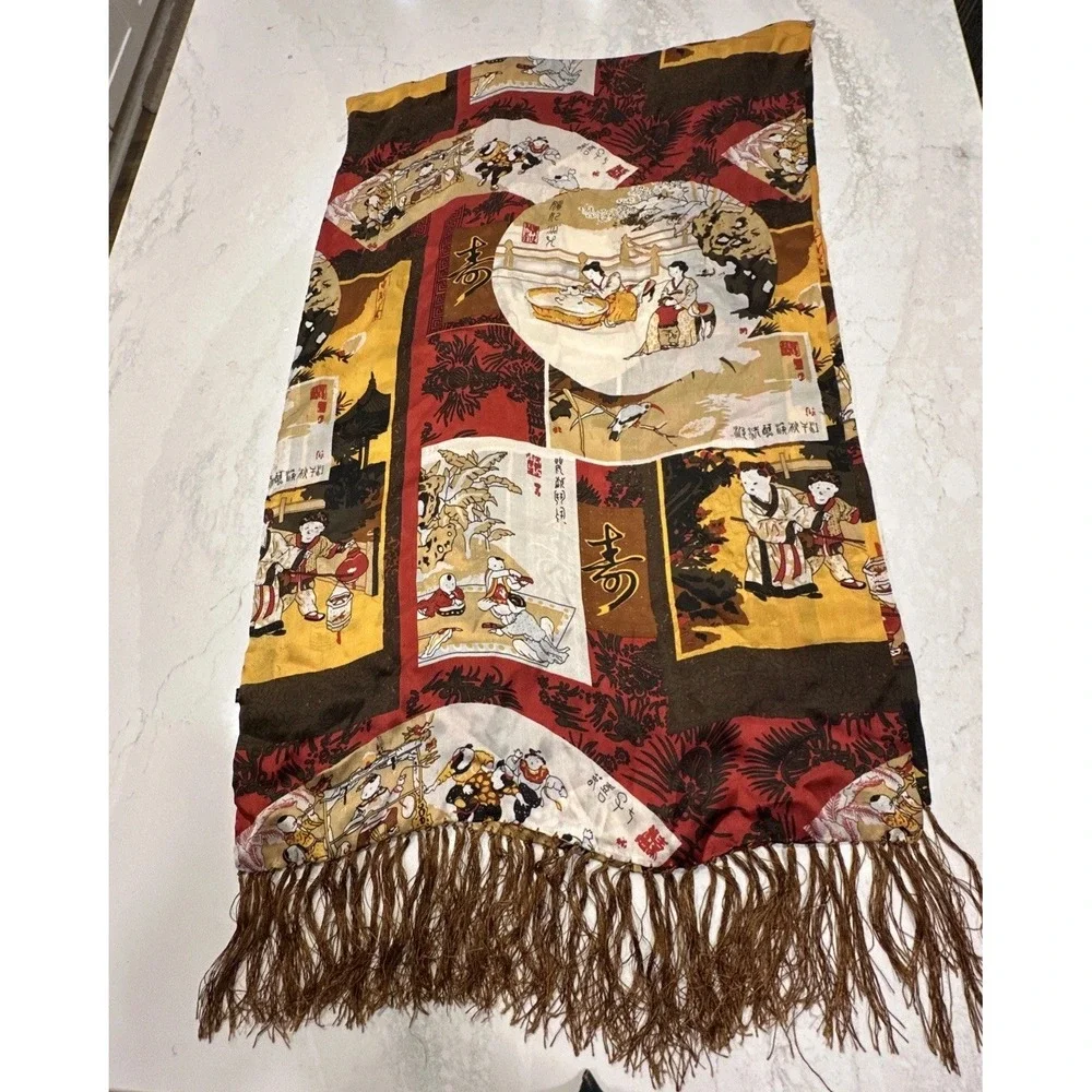 Jin Xiu Lang Japanese Folk Scenes Scarf 100% Silk Asian 65x20
